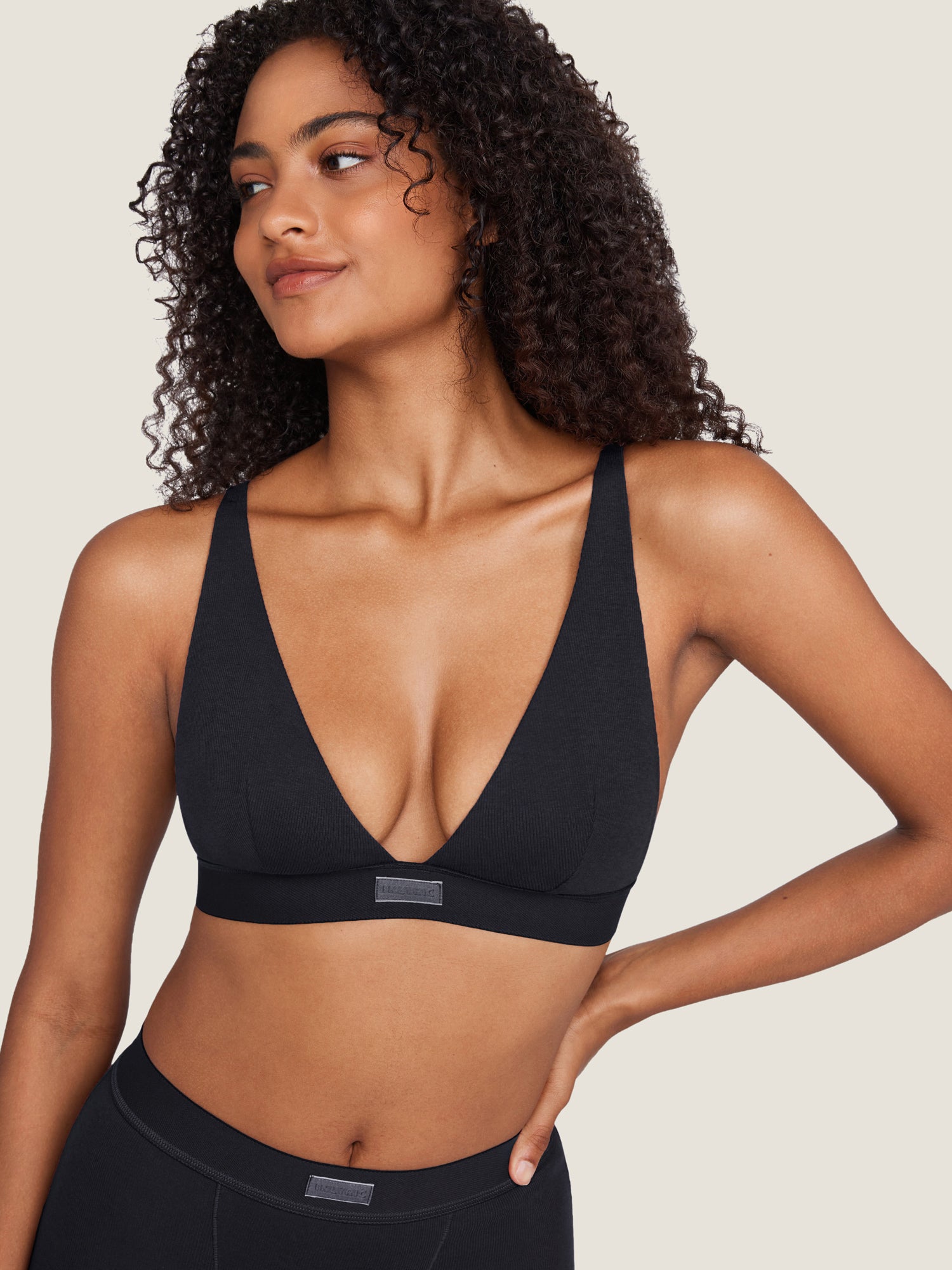 Cotton Ribbed Plunge Bralette Black