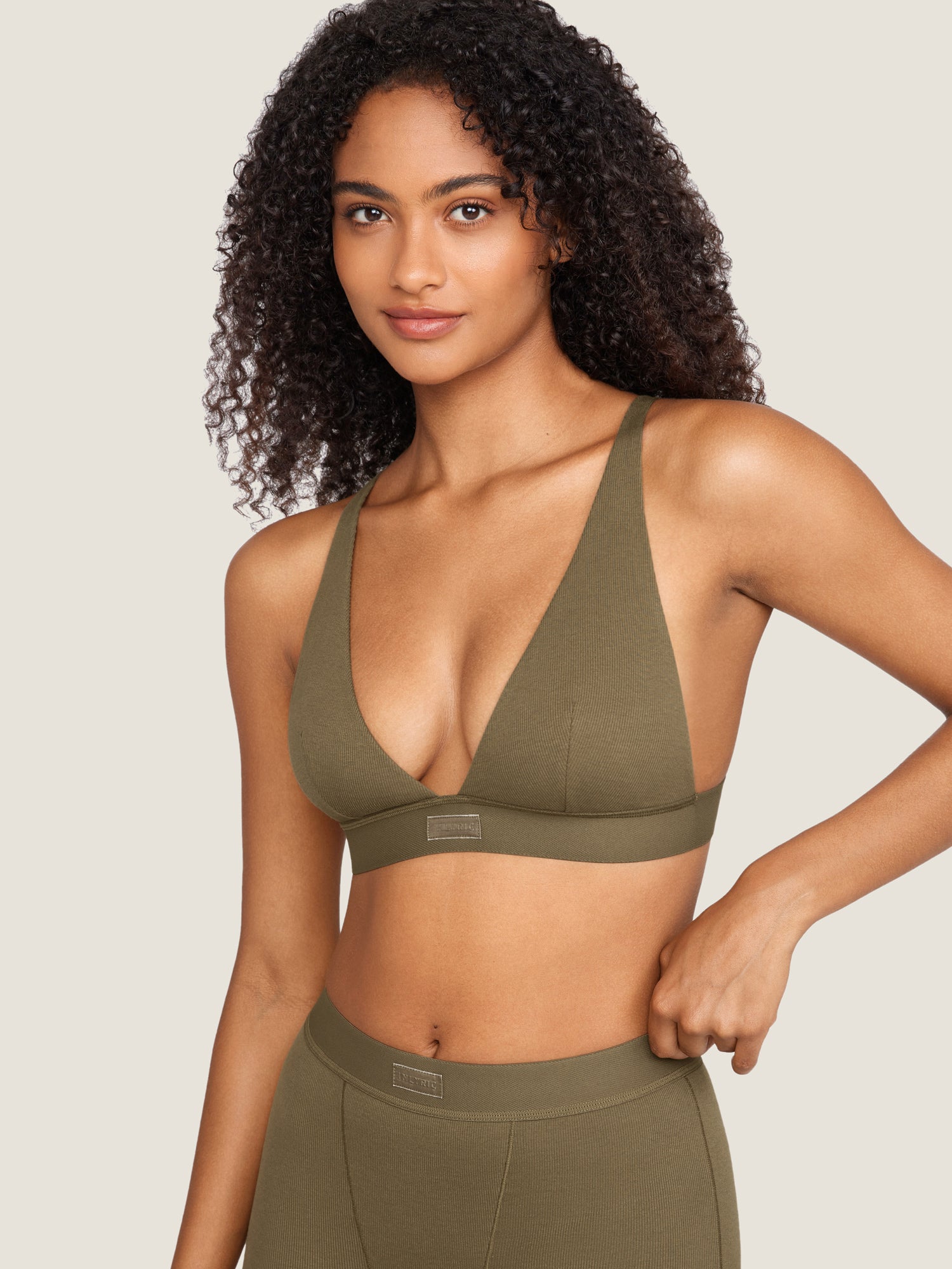 Cotton Ribbed Plunge Bralette Desert Olive