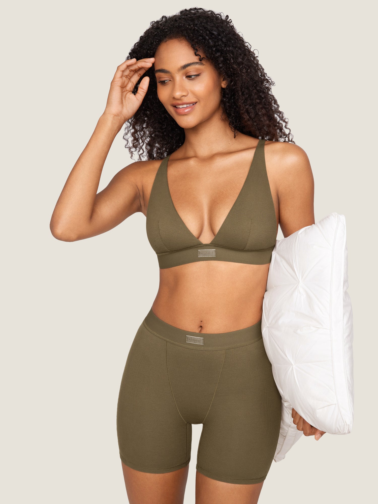 Cotton Ribbed Plunge Bralette Desert Olive