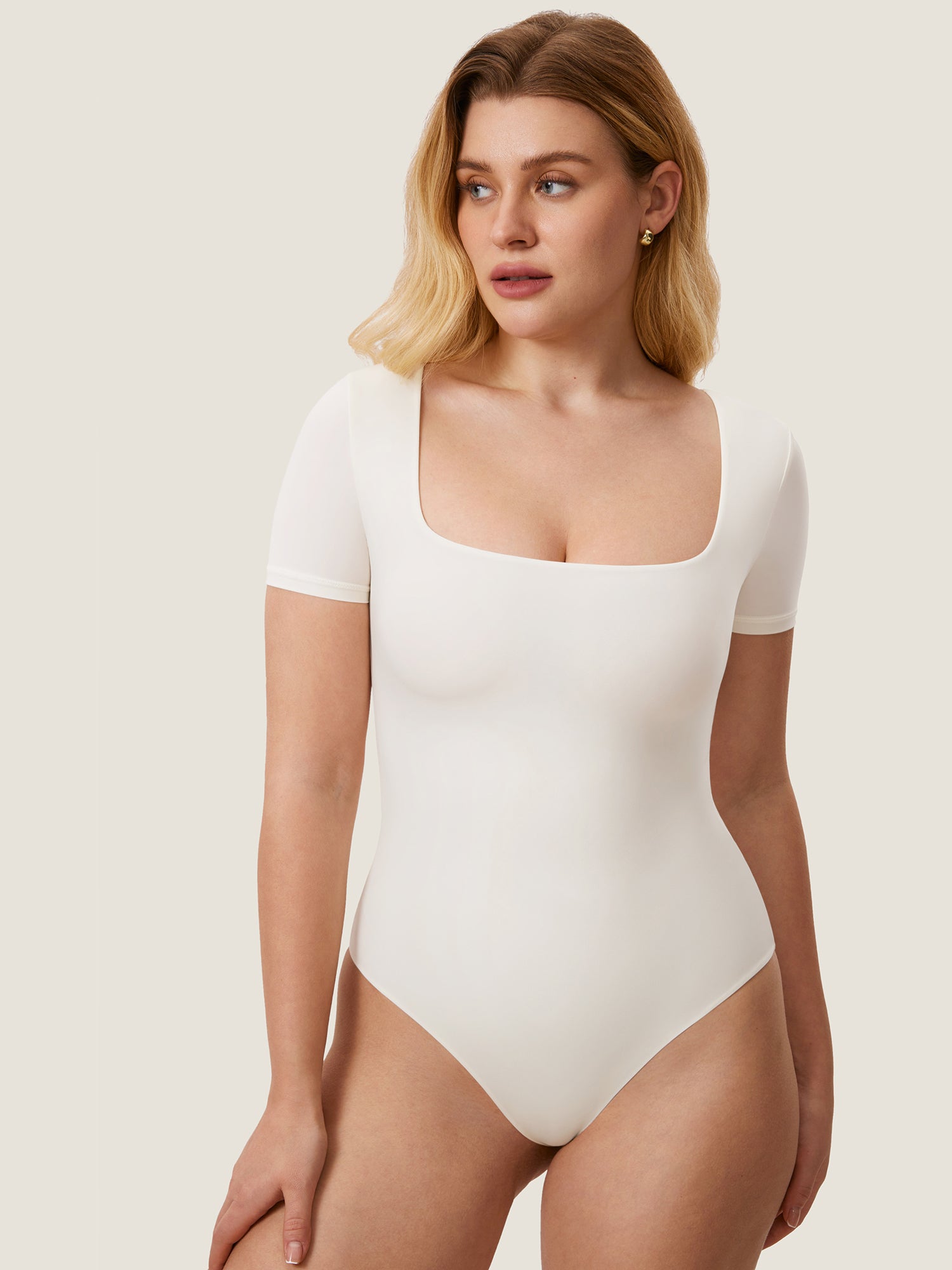 Inbarely® Square Neck Short Sleeve Bodysuit Creamy-white