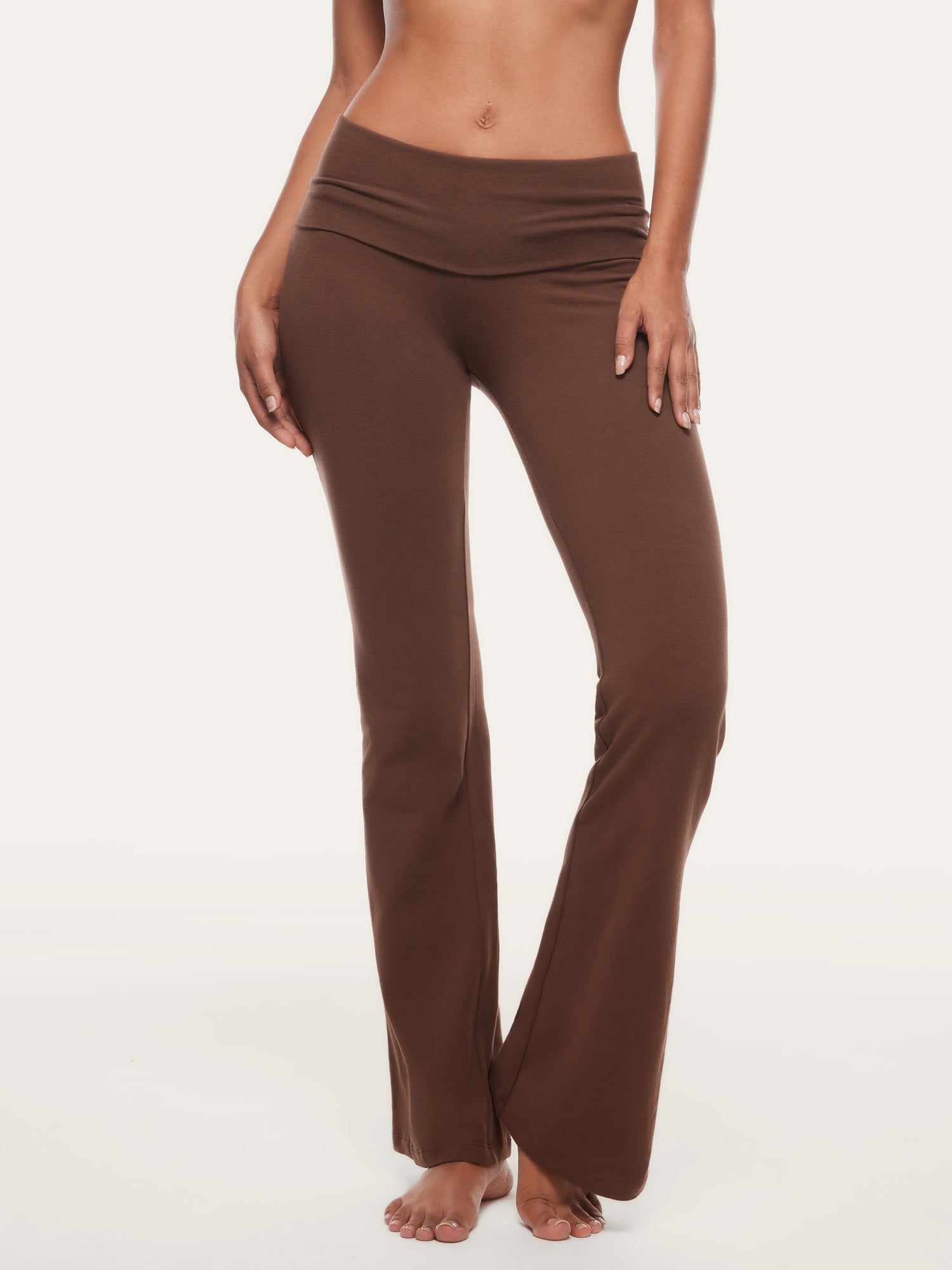 Basic Cotton Fold Over Flared Leggings Coffee Brown