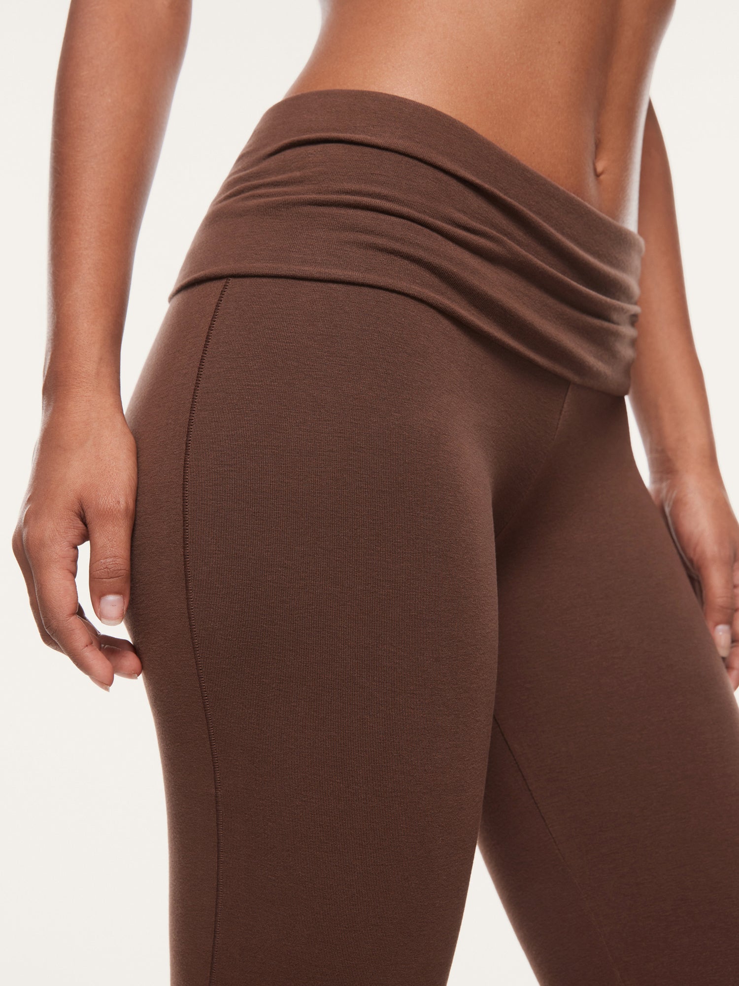 Basic Cotton Fold Over Flared Leggings Coffee Brown